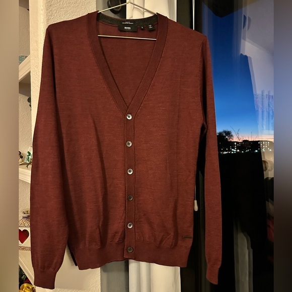 Boss Hugo Boss 100% maroon wool slim fit button lightweight cardigans Size S - Picture 1 of 12
